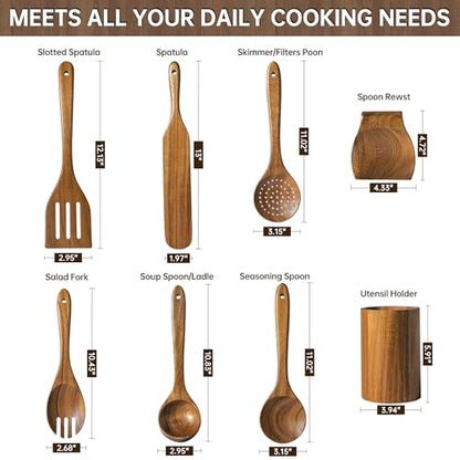 8 PCS Natural Acacia Wooden Utensil Set Wooden Spoons for Cooking | Non-Toxic Acacia Wood, Nonstick Safe, Sturdy Easy to Clean, Includes Holder & Spoon Rest, Great Kitchen Gift - size: 8 PCS SET