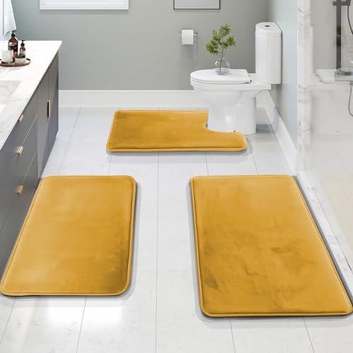 Clara Clark Bathroom Rug Set, 3 Piece Velvet Memory Foam Bath Mats with Non-Slip PVC Backing, Gold - color: Camel Gold