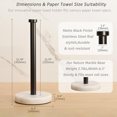 Kitchen Paper Towel Holder Countertop, Black Stainless Steel Rod, White Weighted Natural Marble Base, Heavy Duty Standing Paper Towel Roll Holders Easy One Hand Tear - color: Black