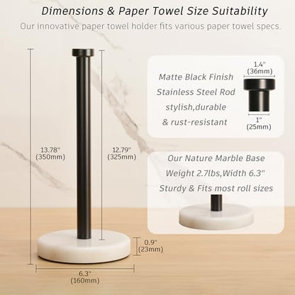 Kitchen Paper Towel Holder Countertop, Black Stainless Steel Rod, White Weighted Natural Marble Base, Heavy Duty Standing Paper Towel Roll Holders Easy One Hand Tear - color: Black