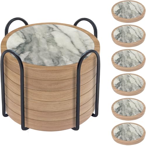 6 Pack Absorbent Coasters Set with Holder Wood Coasters for Drinks Housewarming Gifts for Home Decoration Cup Coasters for Coffee Tabletop Protection 4.3 Inch - color: #6 Marble Style