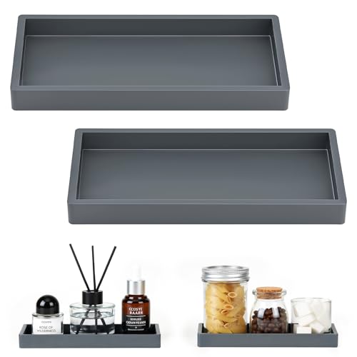 Luxspire 2 Pack Silicone Bathroom Tray 7.9" Vanity Tray, Dark Gray | Thick slip-proof silicone, dishwasher safe, waterproof, holds soap perfume jewelry for sink vanity decor - color: Dark Gray, size: 7.87 × 3.94 × 0.79 in