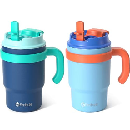 16oz Kids Insulated Tumbler w/Handle, 2 Pack Kids Toddler Water Bottle Cup | Leak-Proof Sip/Swig 2-in-1 Lids, BPA FREE 18/8 Stainless Steel Drinking Sippy Cup w/Straw Travel Mugs for Children Boys Girls - color: B2.Navy Blue & Light Blue