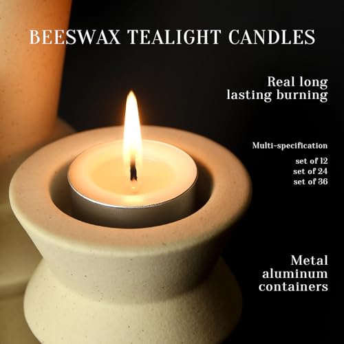 Natural Ivory White Beeswax Tealight Candles in Metal Aluminum Cup, 12-Pack | Organic, Small Candle, Unscented, Smokeless, 4-5 Hours Burning, Natural smell, 100% Pure Beeswax, Cotton wick, Clean Burn