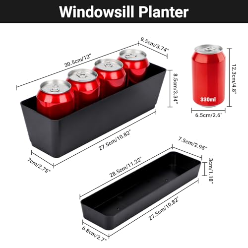 GREANER 6 Pack Herb Planters, 12x3.8 Inch Black Rectangle Window Boxes with Tray, Indoor Succulent Cactus Mint Plastic Pot for Windowsill, Balcony, Office, Outdoor Garden - size: 6Packs/12x3.8in-black