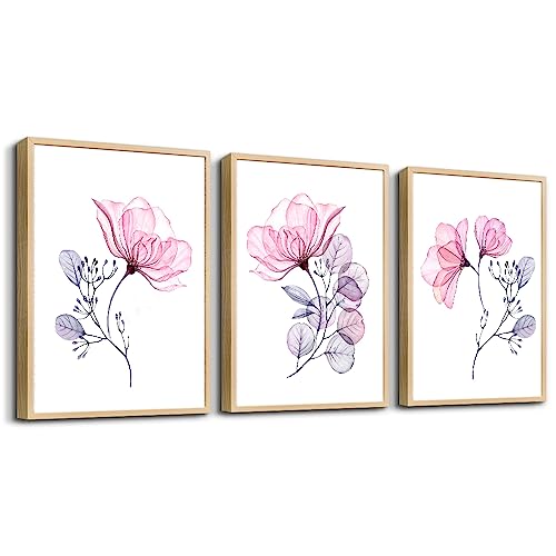 Framed Wall Art For Living Room Wall Decorations For Bedroom Room Wall Decor Pink Red Flowers Paintings Bathroom Wall Pictures Artwork Kitchen Home Decor Wall Mural 3 Piece Framed Art Prints - color: Watercolor Flowers And Leaves Natural Wood Framed, size