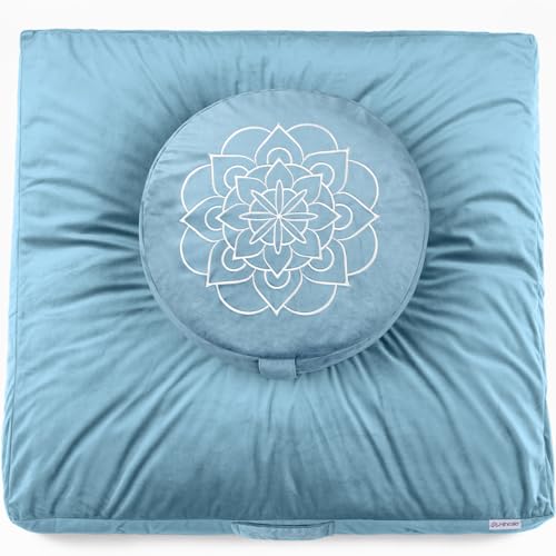 Hihealer Meditation Cushion Set Large Velvet Floor Pillow & Traditional Tibetan Yoga Bolster for Adults Zafu Meditation Mat with Buckwheat Filling - color: Blue