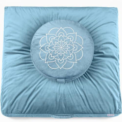 Hihealer Meditation Cushion Set Large Velvet Floor Pillow & Traditional Tibetan Yoga Bolster for Adults Zafu Meditation Mat with Buckwheat Filling - color: Blue
