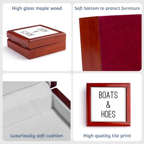 3dRose Boats and Hoes. Simple black lettering on a white background. Jewelry Box 7 x 7 inch with 4 inch tile
