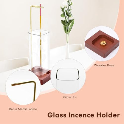 2 Pcs Glass Incense Holder for Sticks, Modern Incense Burner with Removable Glass Ash Catcher, Wood Incense Sticks Holder for Yoga Meditation Home Decor
