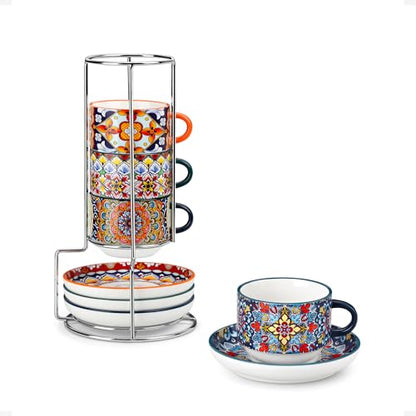 vancasso 2.5 Oz Stackable Espresso Cup Set of 4, Ceramic with Saucers | Microwave and Dishwasher Safe, Easy Clean, For Cappuccino, Tea, Latte, and Espresso, Bohemian Design with Metal Display Stand - size: 2.5 Oz