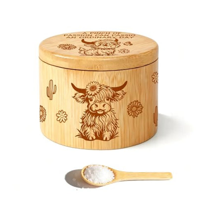 Bamboo Salt Cellar With Swivel Lid Highland Cow Salt Container Built-In Spoon And Magnetic Clasp Ideal For Salt, Sea Salt, Pepper, Sugar And Spices