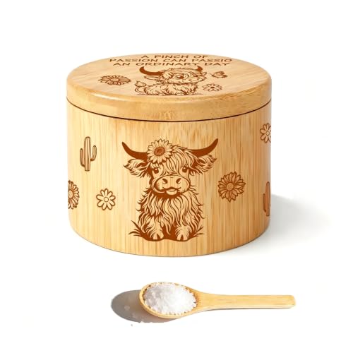 Bamboo Salt Cellar With Swivel Lid Highland Cow Salt Container Built-In Spoon And Magnetic Clasp Ideal For Salt, Sea Salt, Pepper, Sugar And Spices