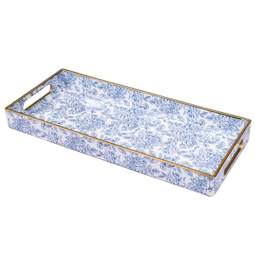 Blue Bathroom Vanity Tray, Plastic Decorative Trays with Handles | Rectangular Serving Tray with Hanldes, Storage Dresser Trays Organizer for Toilet Tank, Jewelry, 13.8" X 6" X 1.57", Moroccan - color: Bohemian-9