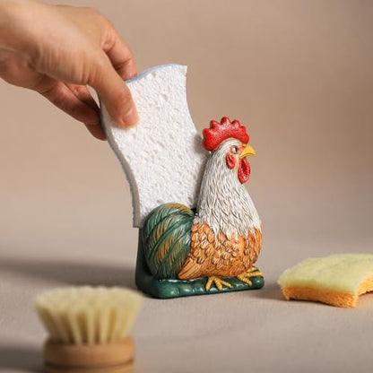 Resin Retro Rooster Shape Sponge Holder for Kitchen Sink, Compact Sink Caddy Organizer, Scouring Pad and Dish Sponge Holder, B
