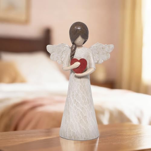 Hodao Angel Figurine with Heart — Wood-Carved Look Resin Christmas Decorations, Indoor Home Decor Ornaments, 8.5" Tall Guardian with Red Heart, Hand-Painted Figurines for Shelf, Mantel & Gift-Giving - style: Z-holding heart-big