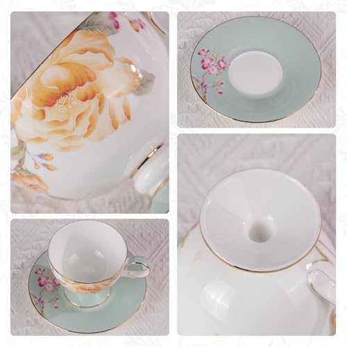 KAMMAK Tea Cups Set of 2,Ceramic Floral Pattern Demitasse Cup | Porcelain Espresso Cup with Saucer, 7.44 oz Handmade Elegant Bone China Tea Cups for Latte, Americano, Cappuccino - color: Spring Fragrance