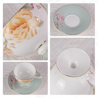 KAMMAK Tea Cups Set of 2,Ceramic Floral Pattern Demitasse Cup | Porcelain Espresso Cup with Saucer, 7.44 oz Handmade Elegant Bone China Tea Cups for Latte, Americano, Cappuccino - color: Spring Fragrance