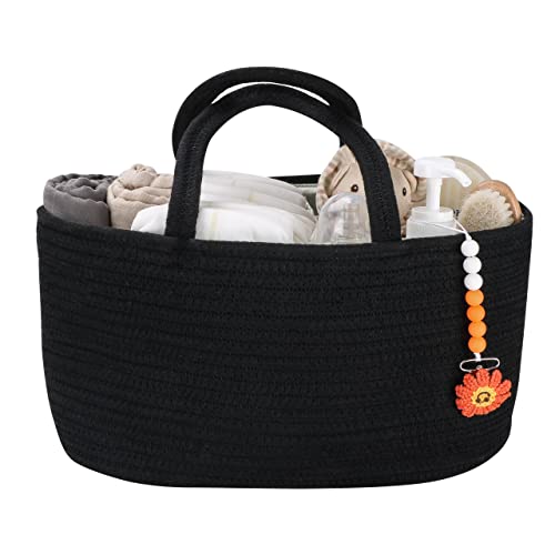XUANGUO Cotton Rope Baby Diaper Caddy Organizer Basket for Boys Black | Nursery Storage Bin, Portable Baby Tote Bag for Changing Table or Car, Baby Shower Gifts Bag, Newborn Essentials, Registry - color: Black, size: Regular