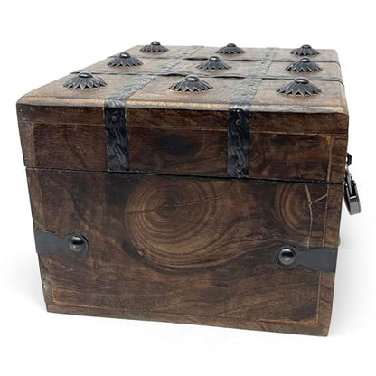 Treasure Chest Wooden Box with Antique Iron Lock and Skeleton Key (Small 8x6x4.5) - Storage and Decor – Pirate Keepsake Chest, Decorative Storage Box with Hinged Lid - size: Small 8 x 6 x 4.5"