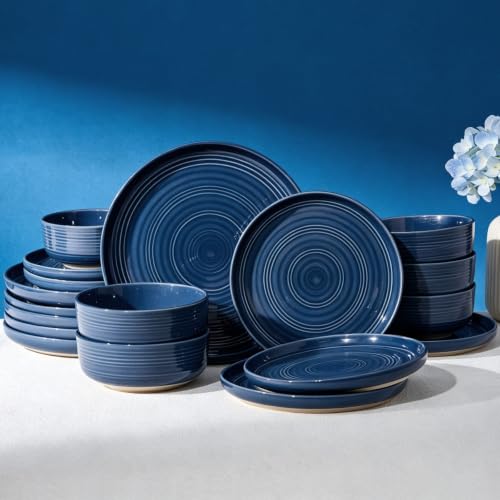 Dinnerware Set for 6, Ceramic Plates & Bowls, Abyssal Blue | 18-Piece Ceramic Speckled Spiral Dishes, Chip & Scratch Resistant, Microwave & Dishwasher Safe, Everyday Use, Farmhouse Style - color: Abyssal Blue, size: Service for 6 (18pc)