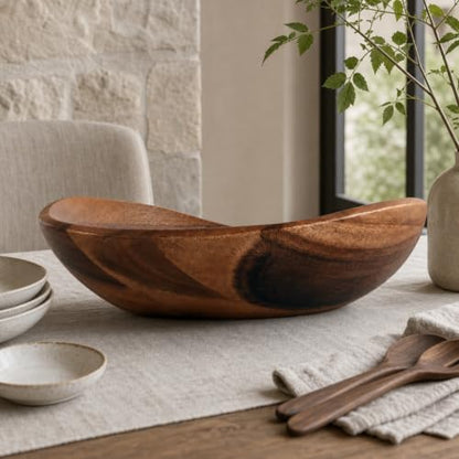 Arthur Court Wave Pattern Large Acacia Wood Salad Bowl - Modern Centerpiece for Fruits and Salads - 19 x 12 x 4 Inches - size: Wave