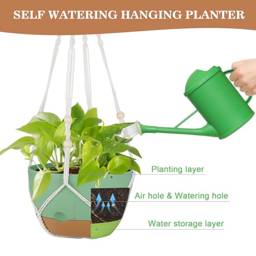 Self Watering Hanging Planter, 3 Pack 10 Inch Macrame Plant Hanger with Flower Pot, Metal Chain, S & Ceiling Hooks, Drainage Holes, Removable Saucer, Hanging Basket for Indoor Outdoor Plants - Green - color: Green