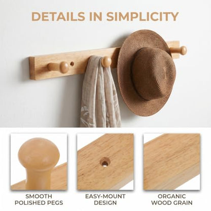 TOYANDONA Wooden Wall Mounted Coat Rack Hook with 4 Rubberwood Pegs, Natural and Hat Hanger for Bedroom and Entryway Storage