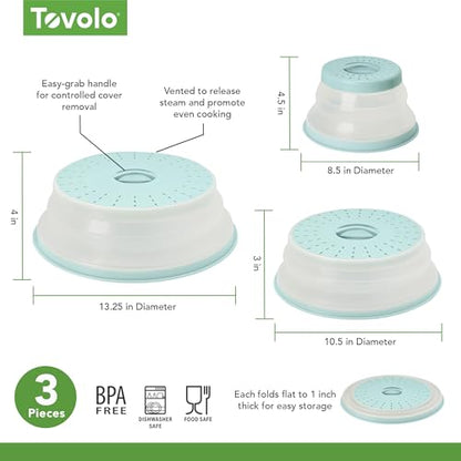 Tovolo 3-Piece Silicone Microwave Splatter Lid Set Blue Haze Small Medium Large Set of 3, Collapsible Dishwasher Safe BPA Free Vented Silicone Microwave Splatter Cover Set for Food Reheating - color: Blue Haze, size: Small/Medium/Large - 3-Pack
