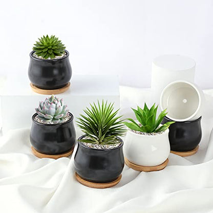 SHECIPIN 12 Pack Succulent Plant Pot, Mini 2.6 inch Ceramic Flower Planter Pot with Bamboo Tray, Small Pots for Plants, Plants Not Included （White, Black） - color: Black,white
