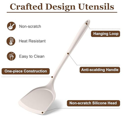 LIANYU Non-Toxic Kitchen Cooking Utensils Set, 8Pcs Khaki Silicone Utensils | Stainless Steel Core, Non-Scratch Spatula Spoon Turner, Heat Resistant & Dishwasher Safe - color: Khaki