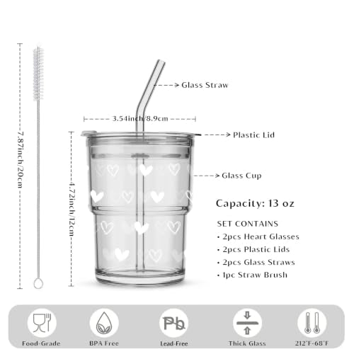 INSETLAN 13 oz Heart Decal Glass Tumblers Set of 2, Thick Wall Glass Cups with Lid and Glass Straw, On-the-Go Coffee Cups for Iced Coffee, Tea, Milk, Hot & Cold Drinks, Travel & Daily Use - color: 13 oz - 2 Pcs - With Heart Decal
