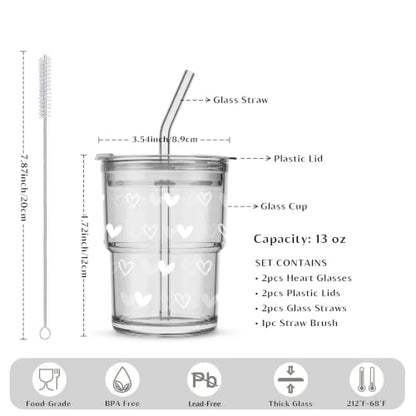 INSETLAN 13 oz Heart Decal Glass Tumblers Set of 2, Thick Wall Glass Cups with Lid and Glass Straw, On-the-Go Coffee Cups for Iced Coffee, Tea, Milk, Hot & Cold Drinks, Travel & Daily Use - color: 13 oz - 2 Pcs - With Heart Decal