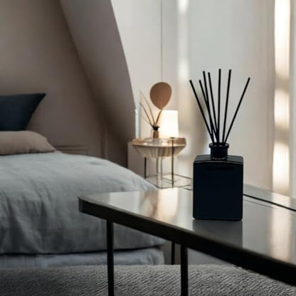 Reed Diffuser Set, Rouge 54 - Bathroom Shelf Décor | Saffron, Jasmine, Amber and Woods, 5 Ounce Sleek Modern Black Rectangular Glass Bottle, Made in the USA - color: Rouge '54