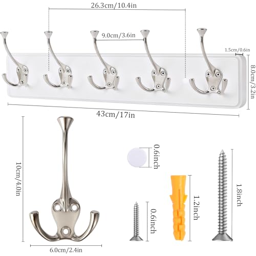 IBosins 2 Pack White Coat Rack Wall Mount, 17" Long with 5 Tri-Hooks | Wall Mounted Heavy Duty Metal Coat Hook Rail for Entryway, Closet, Bathroom, Coat, Jacket, Scarf, Towel, Hat - color: White Wood Plate & Silvery Tri-Hook, size: 2 Item-5 Hooks