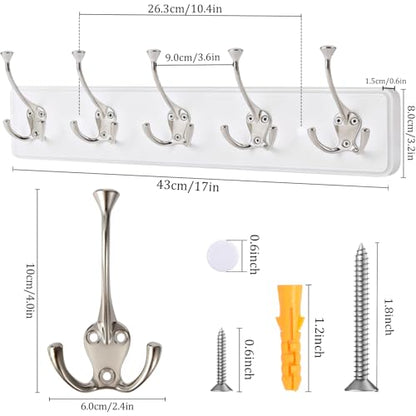 IBosins 2 Pack White Coat Rack Wall Mount, 17" Long with 5 Tri-Hooks | Wall Mounted Heavy Duty Metal Coat Hook Rail for Entryway, Closet, Bathroom, Coat, Jacket, Scarf, Towel, Hat - color: White Wood Plate & Silvery Tri-Hook, size: 2 Item-5 Hooks