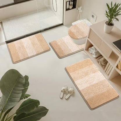 Bsmathom Bathroom Rug Set 4 Piece, Plush Microfiber Bath Mat, Beige | Super Water Absorbent, Non Slip Machine Washable Bath Rug Sets with Toilet Lid Cover and U-shaped Contour Toilet Mat - color: Beige, size: 18"x26"+20"x31"+U20"x24"+Cover19"x21"