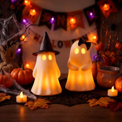 Fumete 2 Pcs Halloween Decorations - Spooky Resin Ghost Light up Cute Ghost Couple with Witch Hat and Black Bow, Halloween Indoor Figurines for Mantel, Shelf & Tabletop Home Party Decor - style: Couple Ghosts