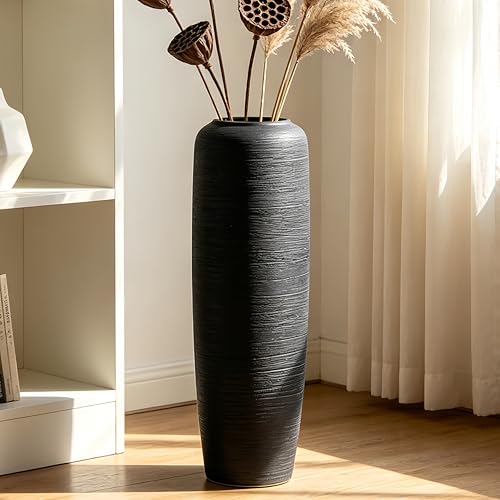 Black Rustic Ceramic Floor Vase, 24 Inch, Ribbed Texture | Living Room, Entryway, Fireplace, Pampas Grass, Dried Branches - size: 23.6 Inch