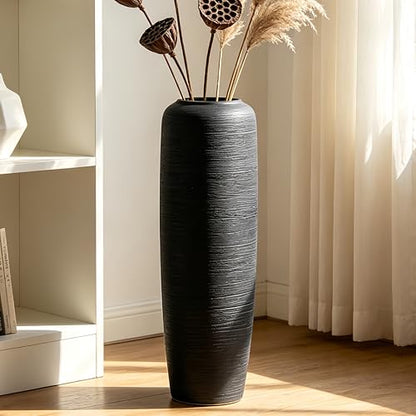 Black Rustic Ceramic Floor Vase, 24 Inch, Ribbed Texture | Living Room, Entryway, Fireplace, Pampas Grass, Dried Branches - size: 23.6 Inch