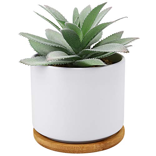 Hopewood Faux Agave Succulent Plant in White Ceramic Pots with Bamboo Tray | Artificial Succulents Plant Faux Agave Greenery Fake Potted Plant for Bedroom Home Office Desk Living Room Decor - size: Agave 1 piece