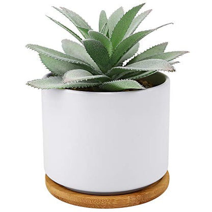 Hopewood Faux Agave Succulent Plant in White Ceramic Pots with Bamboo Tray | Artificial Succulents Plant Faux Agave Greenery Fake Potted Plant for Bedroom Home Office Desk Living Room Decor - size: Agave 1 piece