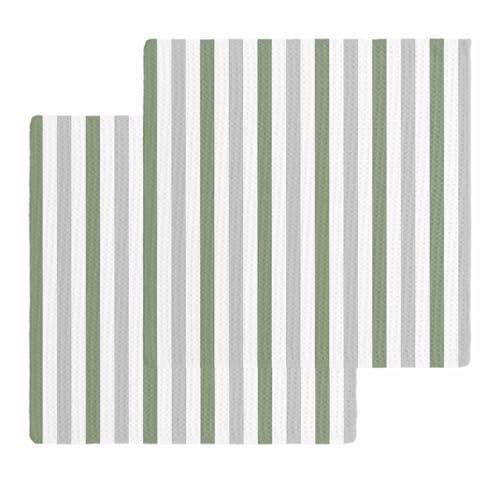 Kitchen Towels Set Sage Green Gray Stripes Waffle Weave Dish Towels 2 Pack Lines Striped Absorbent Quick Drying Hand Tea Towels for Kitchen Bathroom Cleaning Dish Cloths Gift 12x12 Inch - color: Sage Green, size: 12"x12"