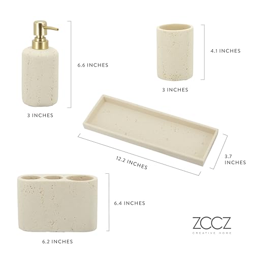 -Beige Bathroom Accessories Set 4 Pcs - Toothbrush Holder, Soap Dispenser, Vanity Tray, Bathroom Tumbler - Countertop Vanity Organizer - Bathroom Accessory Set- Toothbrush Holder Set, Stone Sets - color: Beige, size: 4pcs