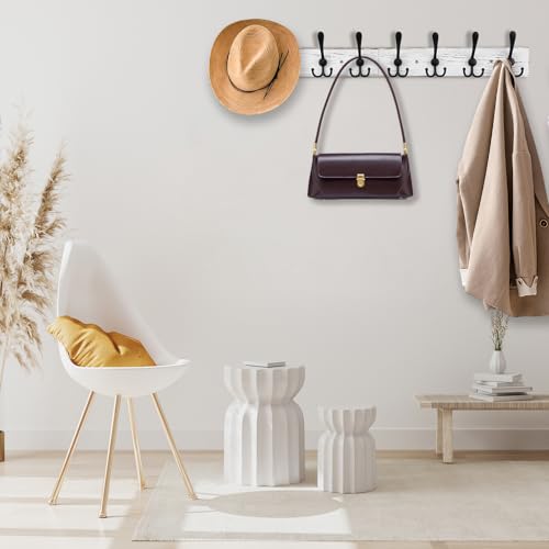 Kuhome 32.2'' Large Coat Rack Wall Mount Coat Hooks with 8 Metal Black Triple-Hooks Old White Pine Real Wood Plank Hat Rack for Wall Hooks - color: Old White Plate & Black Hook, size: 1 Item-8 Hooks