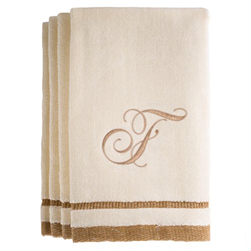 Monogrammed Fingertip Towels, 11 x 18 Inches - Set of 4- Decorative Golden Brown Embroidered Towel - Extra Absorbent 100% Cotton- Personalized Gift- For Bathroom/ Kitchen- Initial F (Ivory) - color: F