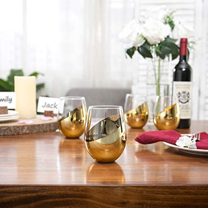 MyGift Luxury Stemless Wine Glasses Gift Set of 4 Modern Brass Accent Barware, Elegant Red Wine Glasses for Anniversary & Wedding Gifts - color: Brass-4