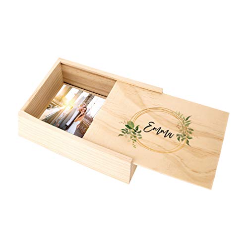 Koyal Wholesale Custom Gold Greenery Wreath Wedding Keepsake Box, 4 x 6 -inch, Custom Name, Natural Wood - color: Gold Greenery Wreath