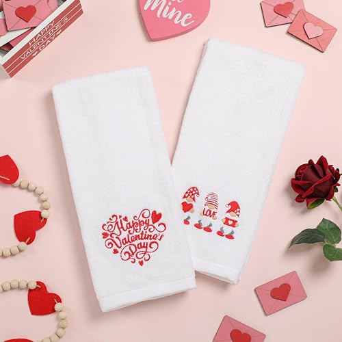 Valentines Day Hand Towels 100% Cotton Embroidered Red Gnome Heart Decorative Bathroom Kitchen Dish Towels Set Gift Set of 2 14x29 inch - color: Va.red Gnome