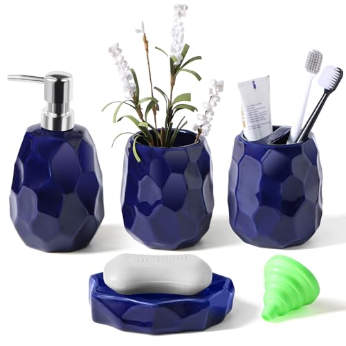 Ceramic Bathroom Accessories Set 4 PCS,Bathroom Toothbrush Holder Set,Soap and Toothbrush Holder Set,Include Toothbrush Holder,Soap Dispenser,Tumbler,Soap Dish,Bathroom Sets Decor Organizer(Navy Blue) - color: Navy Blue Ceramic 4 Pcs